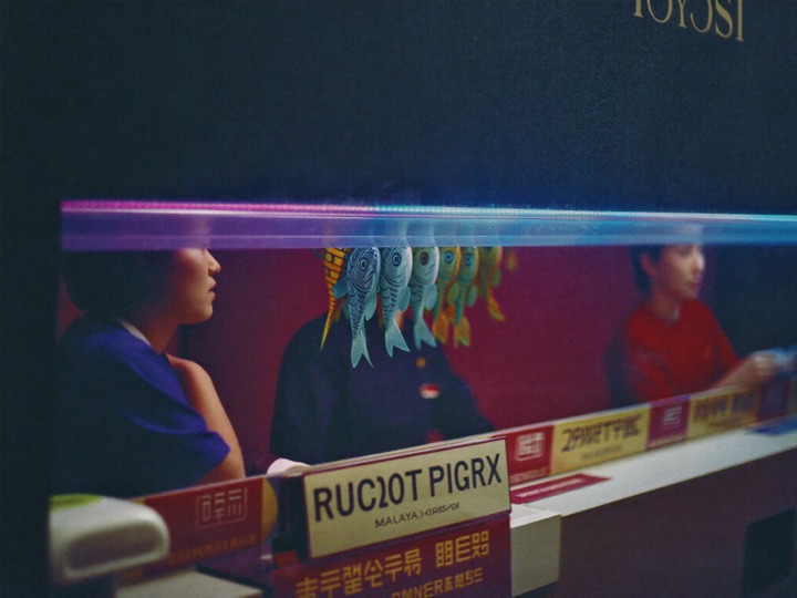 Two young adults at a wide arcade fish cabinet, blue water light across their faces