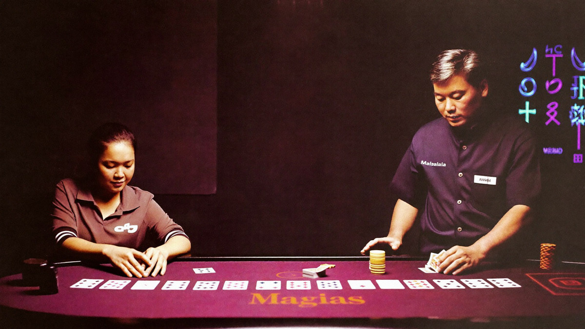 A seated guest and the dealer both looking down at a winning hand